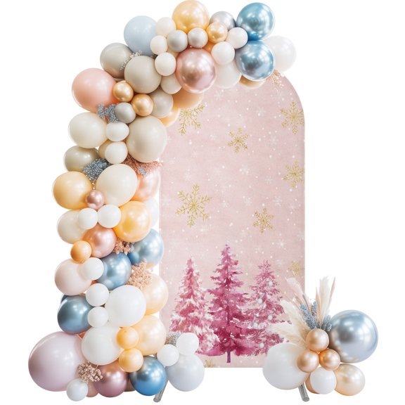 Pink Christmas Tree Arch Backdrop Cover 7.2x4 Ft, Spandex Wedding Arch Stand Cover, Xmas Snowflake Winter Round Top Stretch Fitted Background Covers for Birthday Ceremony Party Decor
