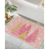 Pink Christmas Tree Bathroom Rug 2x3 Front Door Mat with Tassel Cotton Woven Throw Area Rug Washable Small Entry Rugs Pink Golden Xmas Tree Snowflake Winter Low Profile Carpet for Kitchen Laundry