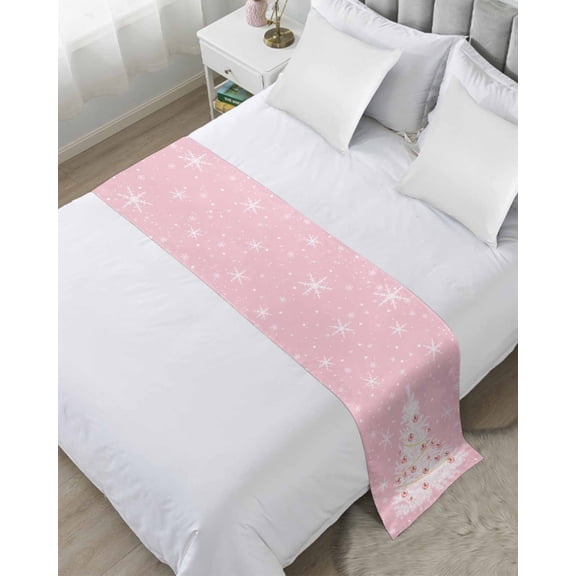 Pink Christmas Tree Bed Runner for Twin Size Bed, Winter Balls Snowflake Xmas Tree Bedspread Protector Slipcover Bed Scarf for Foot Bed Runners & Scarves for Bedroom Hotel Wedding Room 71x20 Inches