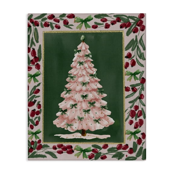 Stupell Industries - Pink Christmas Tree Botanical Border Canvas Art, 24 x 30, Made In USA