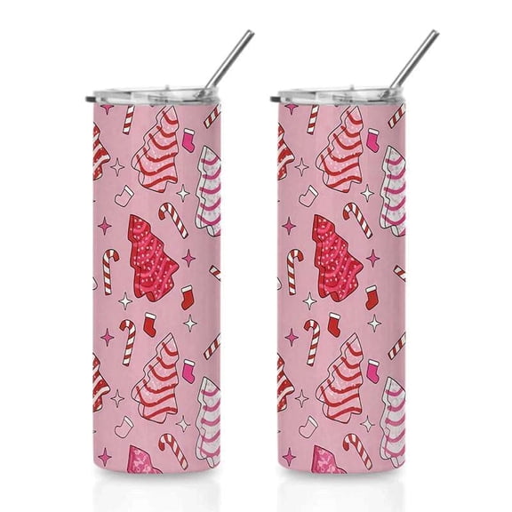 Pink Christmas Tree Cakes Stainless Steel Skinny Cup with Straw, Sweet Holiday Snack & Candy Cane Design Insulated Coffee Mug