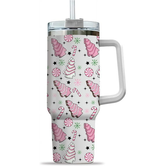 Pink Christmas Tree Cakes Stainless Steel Tumbler 40Oz With Handle Insulated Tumbler Holiday Coffee Travel Mug for Tea,Latte, Hot Chocolate Seasonal Xmas Gifts for Women, Men, Coworker or Friends