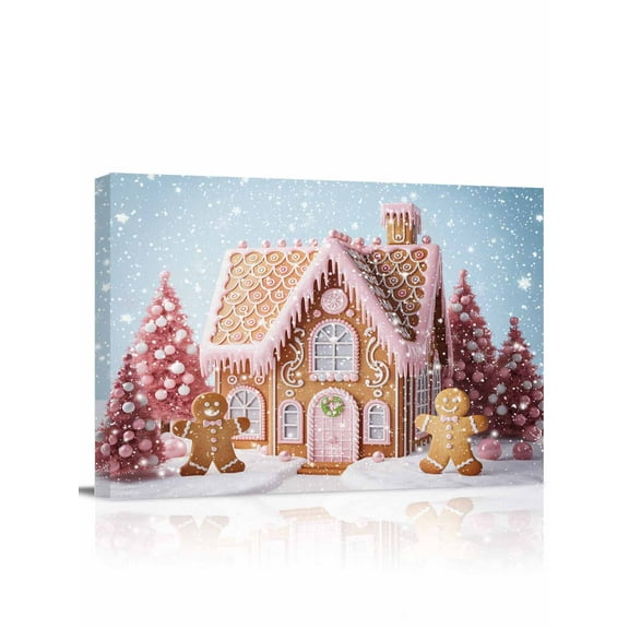 Pink Christmas Tree Canvas Print Wall Art Framed Canvas Art Wall Decor Xmas Ginger Bread Man House Snowflake Fantasy Pictures Painting Morden Artwork for Living Room Bedroom, Ready to Hang - 12"x16"