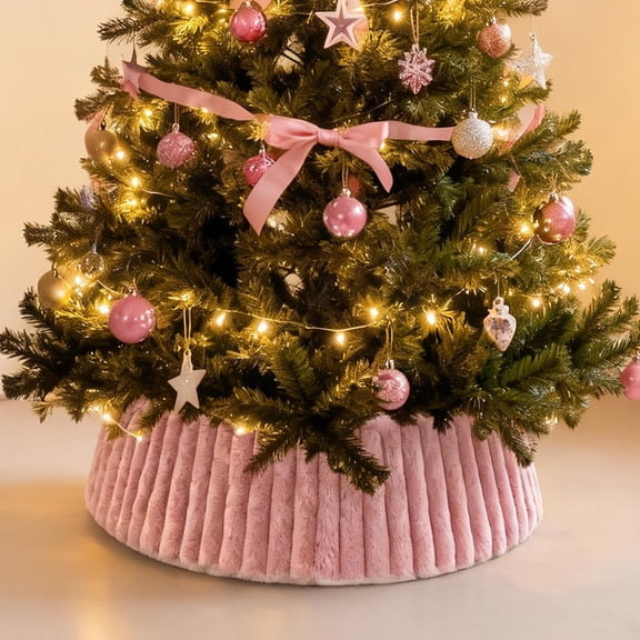 Pink Christmas Tree Collar, Luxury Plush Foldable Christmas Tree Base Cover Ring Skirt with Stripe Textured Pattern for Xmas New Year Holiday Party Decor, Easy to Set Up & Storage, 23"-28"