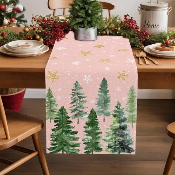 Pink Christmas Tree Cotton Linen Table Extra Long Runner 13 x 120 inch Winter Watercolor Gold Snowflakes Non-slip Rectangular Dining Table Decor for Wedding Party Holiday Dinner