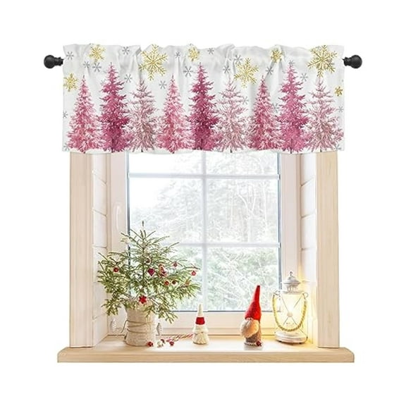 Pink Christmas Tree Curtains Valances for Windows Living Room, Xmas Tree Curtain Toppers and Valances for Bedroom, Winter Snowflake Rod Pocket Short Shade Curtains Kitchen Valances 54x18