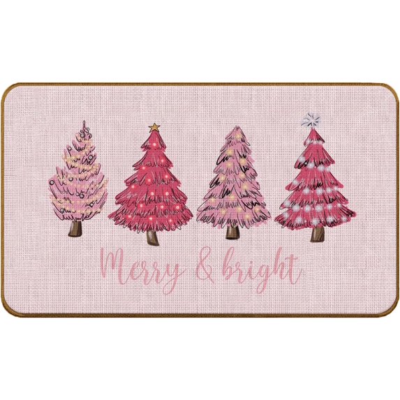 Pink Christmas Tree Doormat, Merry Xmas Welcome Mat, 17x30inch