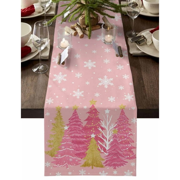 Pink Christmas Tree Dresser Scarf Farmhouse, Dining Table Decorations for Wedding/Parties, Pink Golden Xmas Tree Snowflake Winter Table Runner 72 Inches Long for Kitchen Dining, 14 x 72 In
