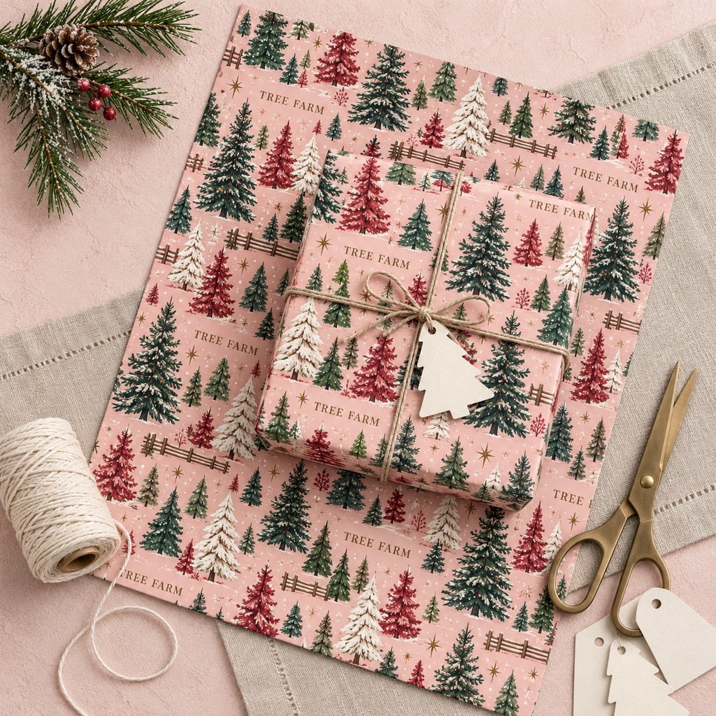Pink Christmas Tree Farm Wrapping Paper for Holiday Gifts - Walmart.com