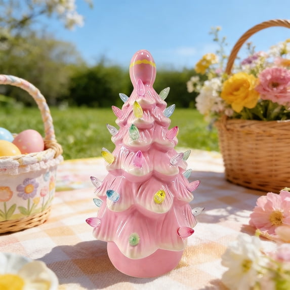 Pink Christmas Tree, Faux Ceramic Christmas Trees That Light Up, LED Bunny Night Light Light Resin Little Trees for Holiday Decoration Small Xmas Holiday Desk Tabletop Decoration