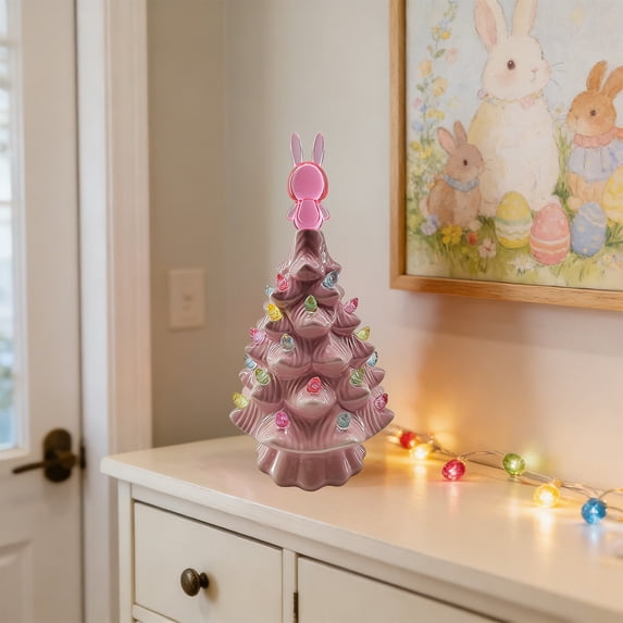 Pink Christmas Tree, Faux Ceramic Christmas Trees That Light Up, LED Bunny Night Light Light Resin Little Trees for Holiday Decoration Small Xmas Holiday Desk Tabletop Decoration