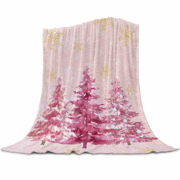 Pink Christmas Tree Flannel Blanket for Bed,Travel and Camping, Xmas Pine Tree Gold Winter Snowflakes Super Soft Cozy Blanket for All Seasons 40" x 50"