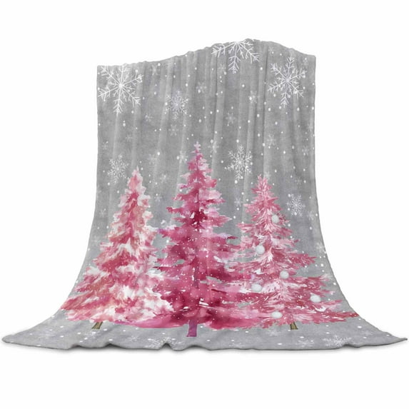 Pink Christmas Tree Flannel Blanket for Bed,Travel and Camping, Xmas Pine Tree Winter Snowflakes Grey Super Soft Cozy Blanket for All Seasons 40" x 60"