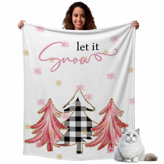 Pink Christmas Tree Fleece Throw Blanket Lightweight Winter Snow Snowflakes Plaid Abstract Fuzzy Flannel Throws Super Soft Cozy Flannel Blanket for Couch, Sofa, Bed, Travel 60"x80"