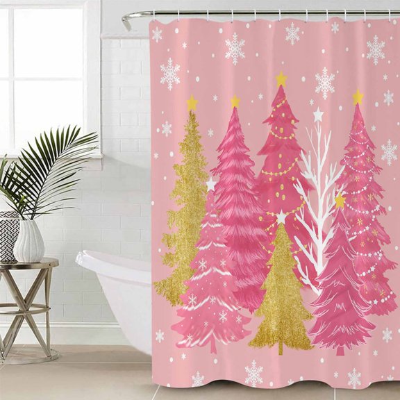 Pink Christmas Tree Long Shower Curtain Set, Waterproof Shower Curtains for Bathroom, Pink Golden Xmas Tree Snowflake Winter Washable Fabric Cloth Bath Curtain for Bathtub with Hooks 72x84 Inches