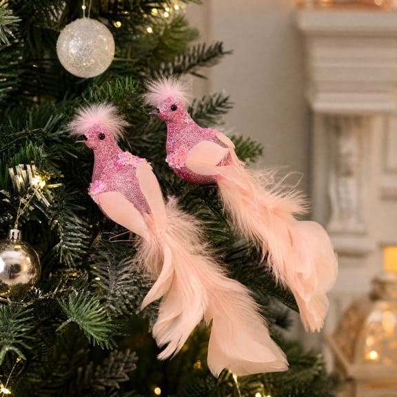 Pink Christmas Tree Ornament Simulated Foam Bird with Long Feather Tail and Clip, Pink, for Holiday Decor, Decorative Hanging Decoration