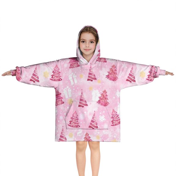 Pink Christmas Tree Pattern Blanket Hoodies for Kids 6-13YR Oversize Wearable Blanket Hoodies for Boys Girls Teens