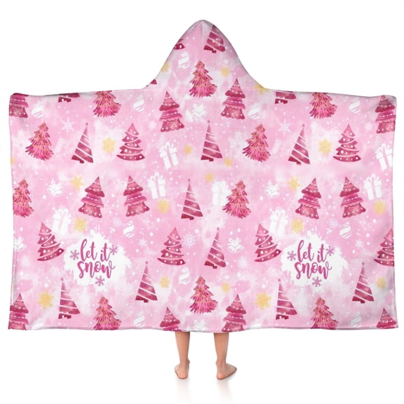 Pink Christmas Tree Pattern Hooded Bath Towel，50"x30" for Ages 3 To 12 Kids, Quick Dry Lightweight Soft Microfiber Hood Beach Towel Cover Up for Kids