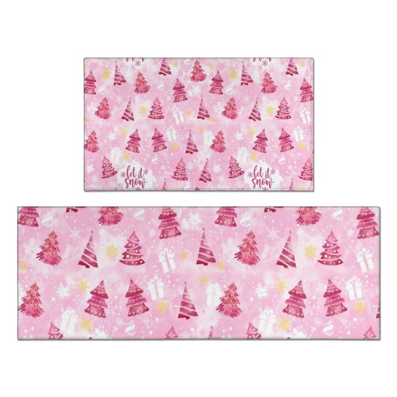 Pink Christmas Tree Pattern Kitchen Rugs Sets Of 2,Anti Fatigue Kitchen Mat Rugs Non Slip Washable,Decorative Kitchen Floor Mats for Kitchen,Sink,Laundry,17"x30"+17"x47"