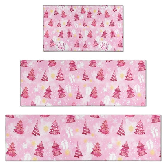 Pink Christmas Tree Pattern Kitchen Rugs Sets Of 3,Kitchen Runner Rugs Non Skid Washable,Decorative Kitchen Floor Mats for Kitchen,Sink,Laundry,17"x30"+ 17"x47" + 17"x59"