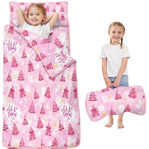 Pink Christmas Tree Pattern Toddler Nap Mats for Kids Preschool,51"x22" Sleeping Mat Bag or Kids,Toddler Sleeping Bag,Toddler Nap Mat or Daycare