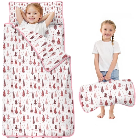 Pink Christmas Tree Pattern Toddler Nap Mats for Kids Preschool,51"x22" Sleeping Mat Bag or Kids,Toddler Sleeping Bag,Toddler Nap Mat or Daycare