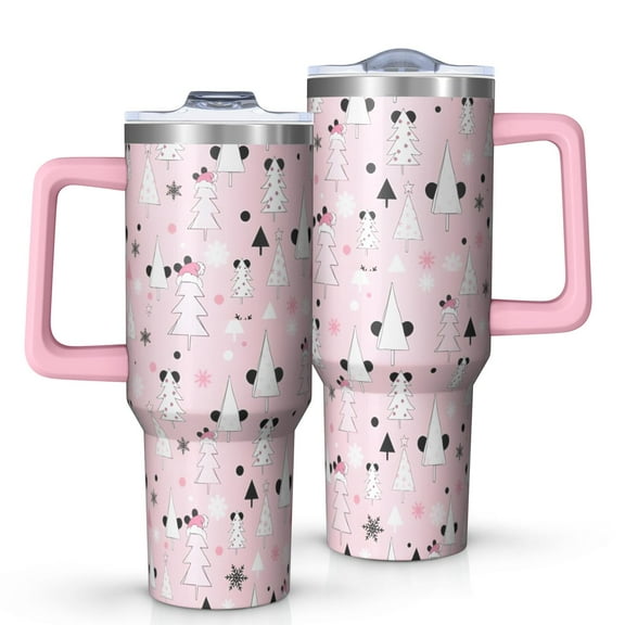 Pink Christmas Tree Pattern Tumbler with Handle and Lid,40oz Double Wall Vacuum Insulated Tumbler,Cups Gift for Women and Men