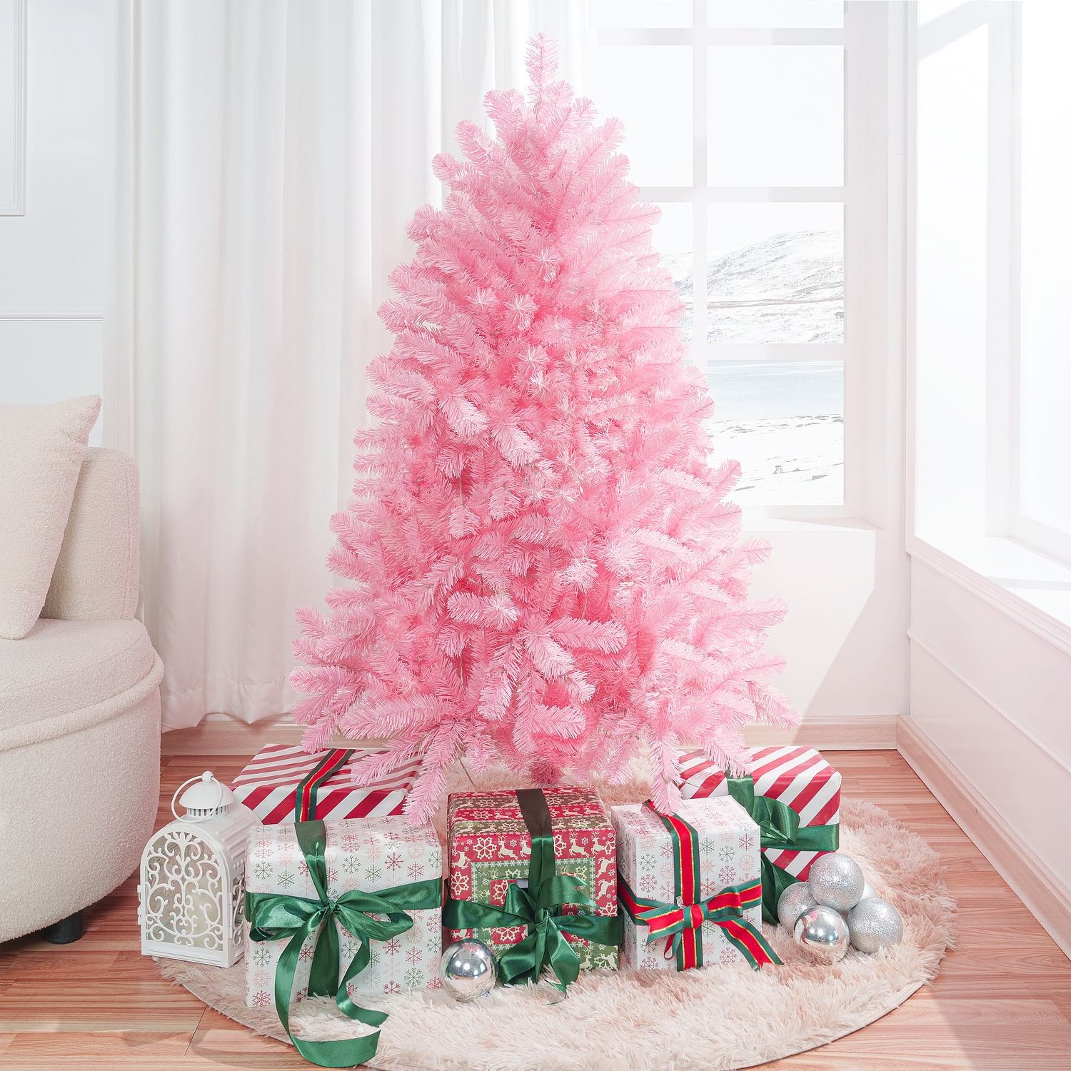 Pink Christmas Tree Prelit, Realistic Artificial Christmas Tree with