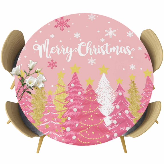 Pink Christmas Tree Round Tablecloth, Fitted Table Cover with Elastic for 45"-54" Round Tables, Pink Xmas Tree Snowflake Luxury Table Cloth Outdoor Indoor Dinning Party Waterproof Tablecloths