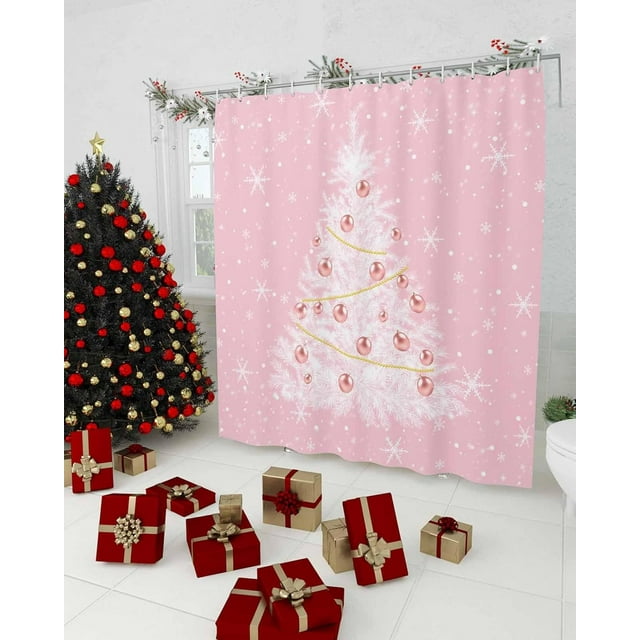 Pink Christmas Tree Shower Curtain, Snowflake Xmas Tree Waterproof
