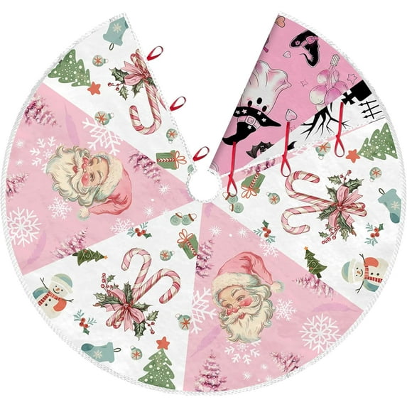 Pink Christmas Tree Skirt 36 Inch Reversible Halloween Christmas Double Side Print Tree Skirt Halloween Christmas Party Pink Christmas Decorations for Tree