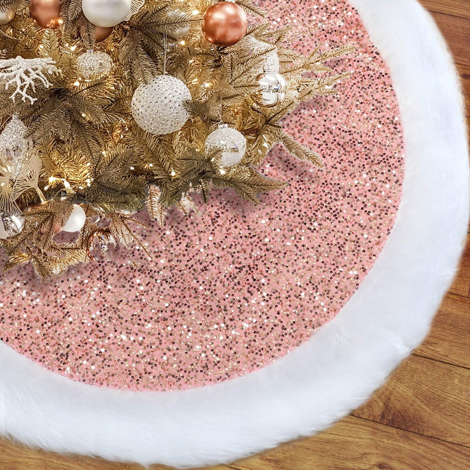 Pink Christmas Tree Skirt with Sequin Faux Fur, 48 Inch Tree Skirts for