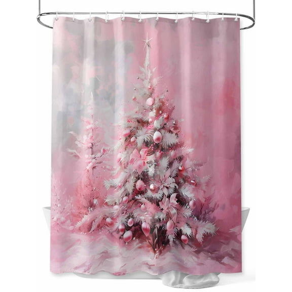 Pink Christmas Tree Standard Shower Curtain Set, Waterproof Shower Curtains for Bathroom, Xmas Tree Oil Painting Washable Fabric Cloth Bath Curtain for Bathtub Decoration with Hooks 72x72 Inches