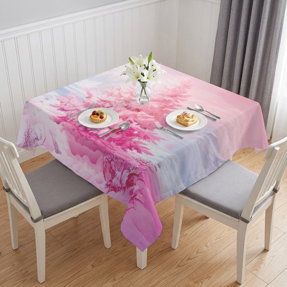 Pink Christmas Tree Table Cloth Waterproof Tablecloths, Pink Ombre Xmas Tree Oil Painting Tablecloth Dining Table Cover for Kitchen Party Tabletop Outdoor, Square Tablecloth 54x54 Inch
