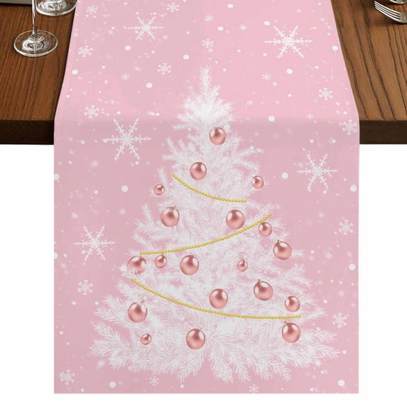Pink Christmas Tree Table Runner 108 Inches Long, Cotton Linen Table Runner Dresser Scarf, Winter Balls Snowflake Xmas Tree Fabric Tablerunners for Dining Coffee Tables Wedding Holiday Party 13"x108"