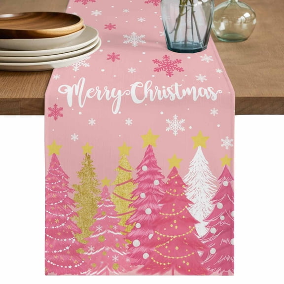 Pink Christmas Tree Table Runner 36 Inches, Pink Xmas Tree Snowflake Luxury Bed Runner Dresser Scarves Tabletop for Indoor Outdoor Parties/Ceremony/Banquet, 13"x 36"