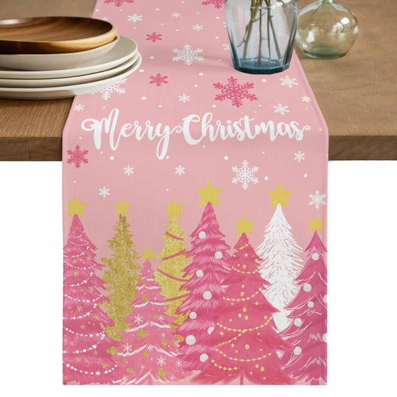 Pink Christmas Tree Table Runner 70 Inches, Pink Xmas Tree Snowflake Luxury Bed Runner Dresser Scarves Tabletop for Indoor Outdoor Parties/Ceremony/Banquet, 13" x 70"