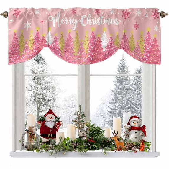 Pink Christmas Tree Tie Up Valances Curtain, Merry Christmas Gold White Snow Pine Tree Adjustable Rod Pocket Short Window Treatment Tie Up Curtains Valances for Kitchen Living Room Bathroom 60x18 In