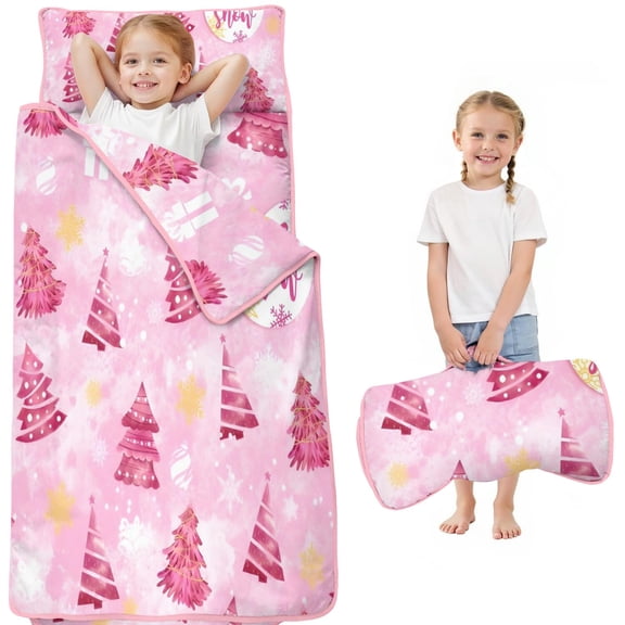 Pink Christmas Tree Toddler Nap Mats for Kids Preschool,51"x22" Sleeping Mat Bag or Kids,Toddler Sleeping Bag,Toddler Nap Mat or Daycare