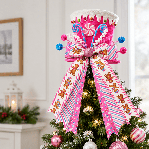 Pink Christmas Tree Topper Hat with Bow, Ribbons, Peppermint and Candy ...