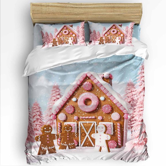 Pink Christmas Tree Twin Size Comforter Set, Xmas Ginger Bread Man House Candy Snow Soft Bedding for All Seasons, 4 Pcs Bed Set with 1 Comforter (68"x86") ,1Sheet(66"x116"), 2 Pillowcases (19"x29")