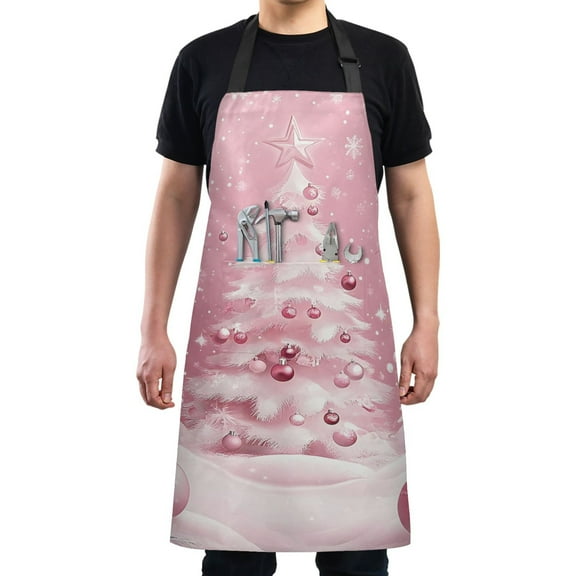 Pink Christmas Tree in Winter Chef Kitchen Apron with Pockets for Women Waterproof Aprons for Cooking Baking