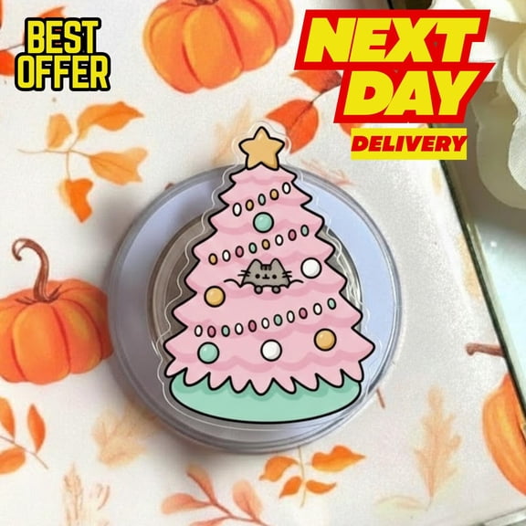 Pink Christmas Tree with Cat MagSafe Phone Grip: Kawaii Pink Tree with Cat Magnetic Phone Holder, Ideal , Holiday Accessory H8