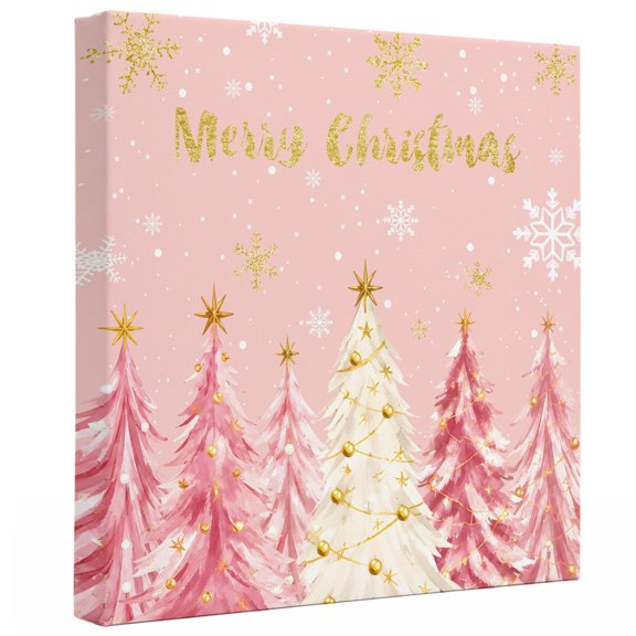 Pink Christmas Trees Canvas Wall Art for Living Room, Gold Xmas Tree Star Topper Snowflakes Poster Print Painting for Bedroom Dining Room Balcony Decoration Wall Pictures Prepare To Hang 10"x10"