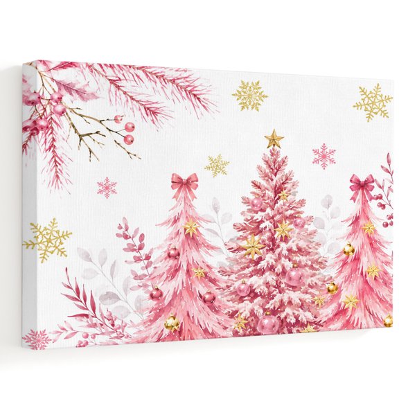 Pink Christmas Trees Canvas Wall Art, Winter Pine Gold Snowflakes Stars Berries Wall Art Prints Artwork Framed Canvas Ready to Hang Art Pictures for&nbsp; Large Dining Living Room Hallway 36" x 24"