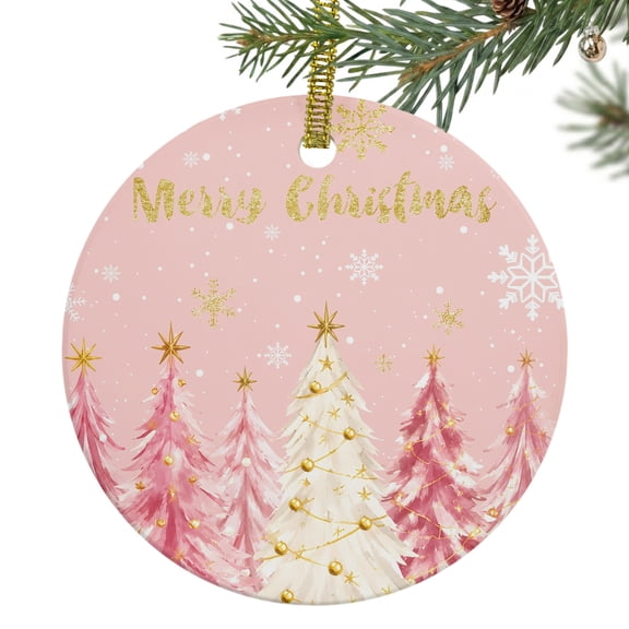 Pink Christmas Trees Ceramic Ornament 3 Inch Gold Xmas Tree Star Topper Snowflakes Round Porcelain Christmas Ornaments with Gold String for Holiday Party Xmas Tree Decor Gift for Friends Family