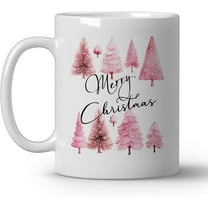 Pink Christmas Trees Coffee Mugs, Farmhouse Merry Christmas Ceramic Mug, Xmas Festival Coffee Cup, Christmas Holiday Drinking Party Mugs for Table Decortaions, 11oz Ceramic Cup White