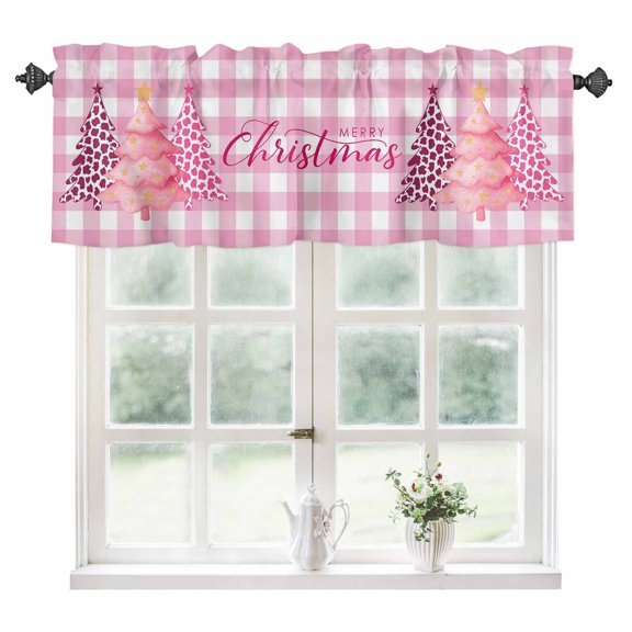 Pink Christmas Trees Kitchen Valances for Windows 54x18 Inch Kitchen Curtains Valances Rod Pocket Leopard Print Xmas Tree Winter Plaid Bathroom Window Valances for Window Treatment Decor