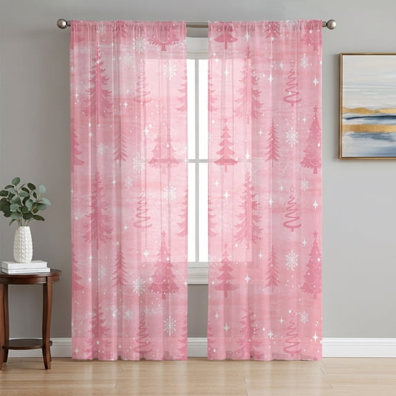 Pink Place Setting Pink Christmas Trees Sheer Curtains 63 Inch Length 2 Panels Set, Pink ...