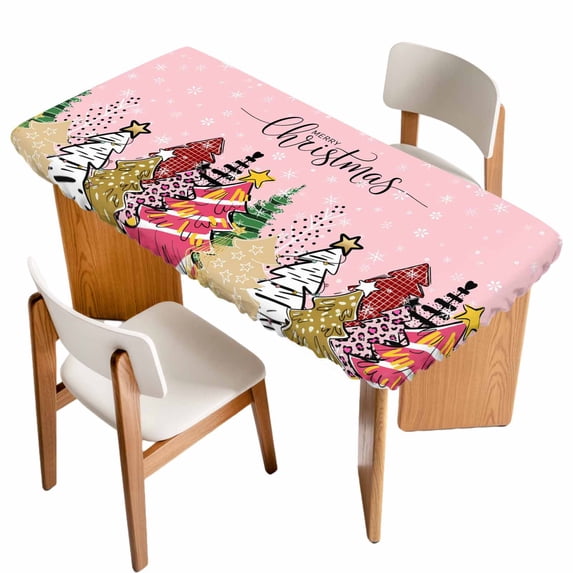 Pink Christmas Trees Table Cloths for 3 Foot Rectangle Tables, Xmas Colorful Snowflakes Doodle Patio Waterproof Elastic Fitted Tablecloths, Washable Rectangular Table Cover for Camping